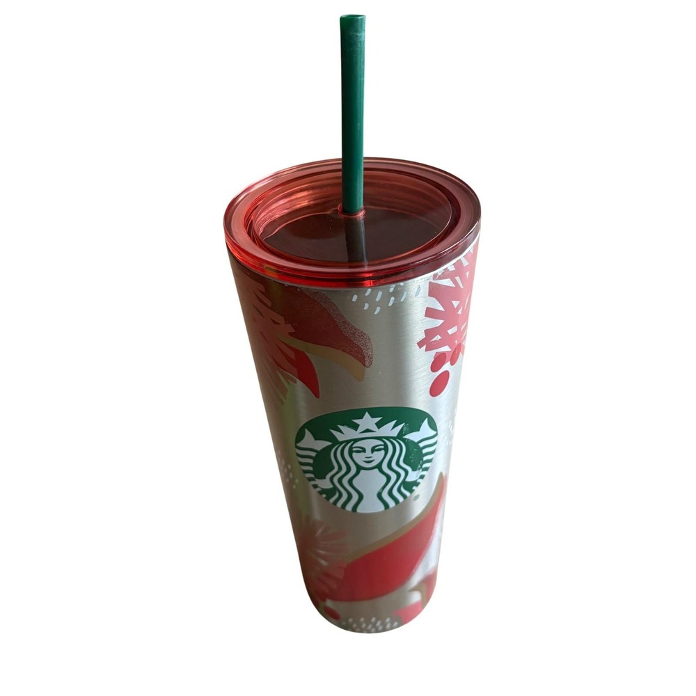 STARBUCKS 2019 Holiday Mistletoe Holly Pink Red 24 oz Venti Tumbler Metal Floral